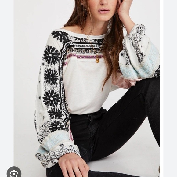 Free People Women's Floral Print Top - Black and White - Picture 1 of 7